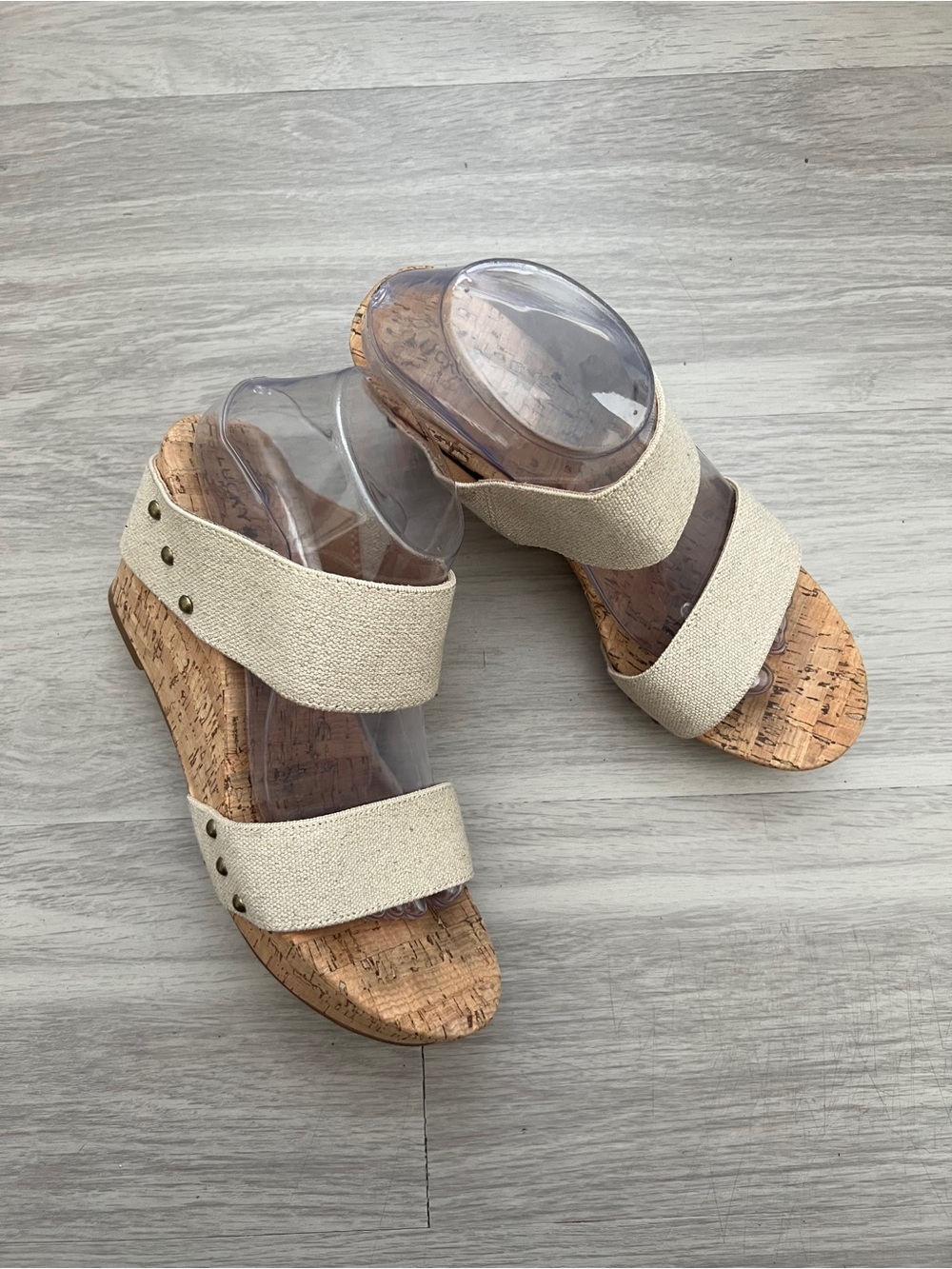Lucky Brand Matinah Size 10 Cork Wedge Sandals Cream Canvas Boho